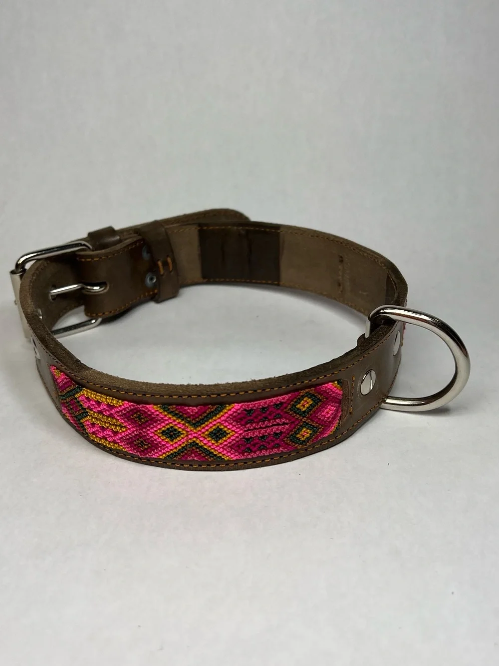 Real Leather Dog Collar with Pink Beaded handmade in Mexico.